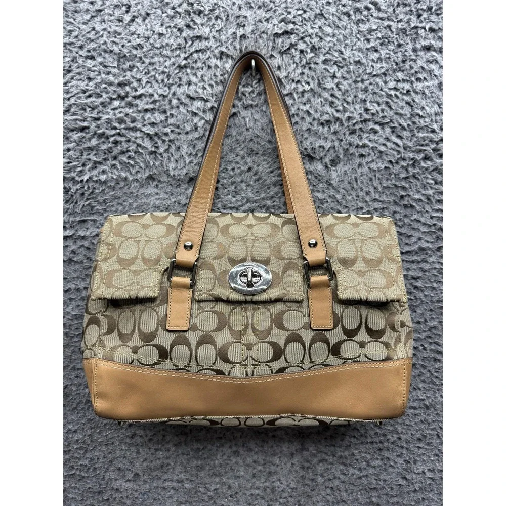 Coach Womens F13070 Signature Jacquard Logo Leather Handbag Multicolor